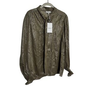 Lafayette 148 New York Honey Metallic Tie Neck Blouse Size M NWT